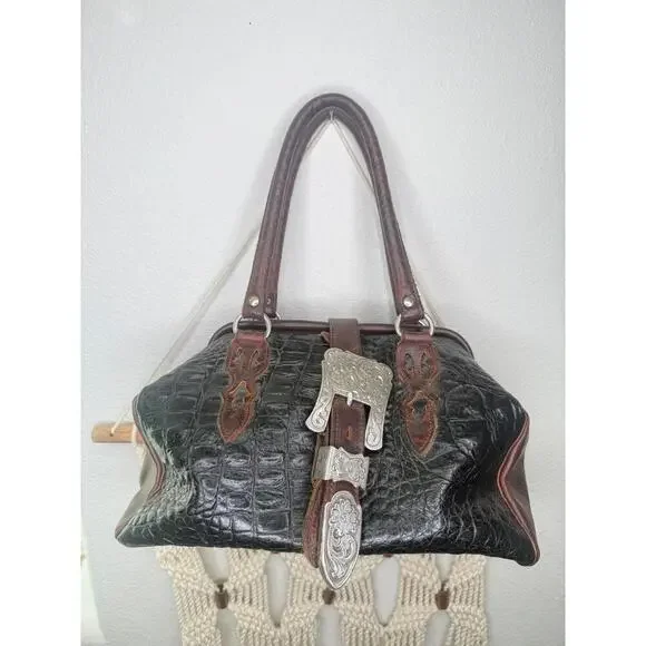 VTG Handbag Brown Western Satchel Crocodile Embos Cowhide Silver Buckle Boho - Picture 2 of 6